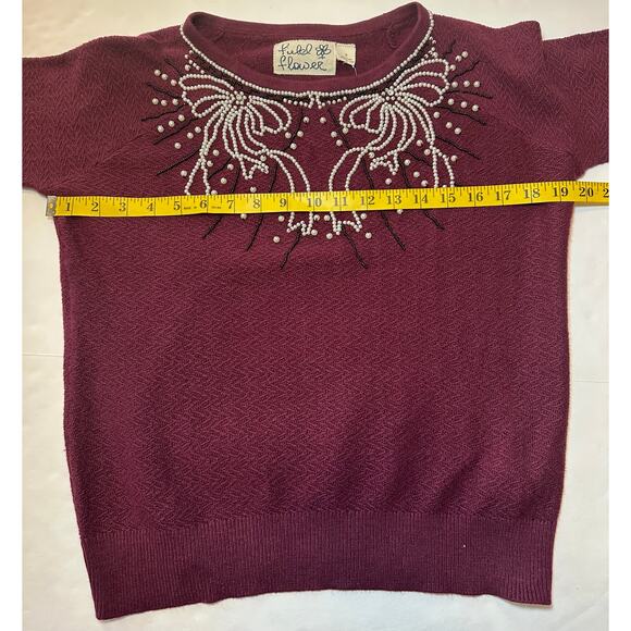 Anthropologie Field Flower Pearled Bow Beaded Sweater Maroon Wool Blend Size S - Picture 5 of 8
